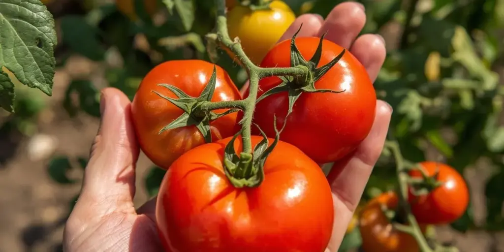 収穫したトマトをもつ手